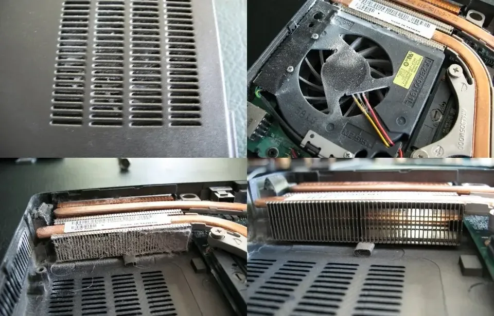 Zakurzone wloty powietrza, wentylator i radiator chłodzenia w rozłożonym laptopie