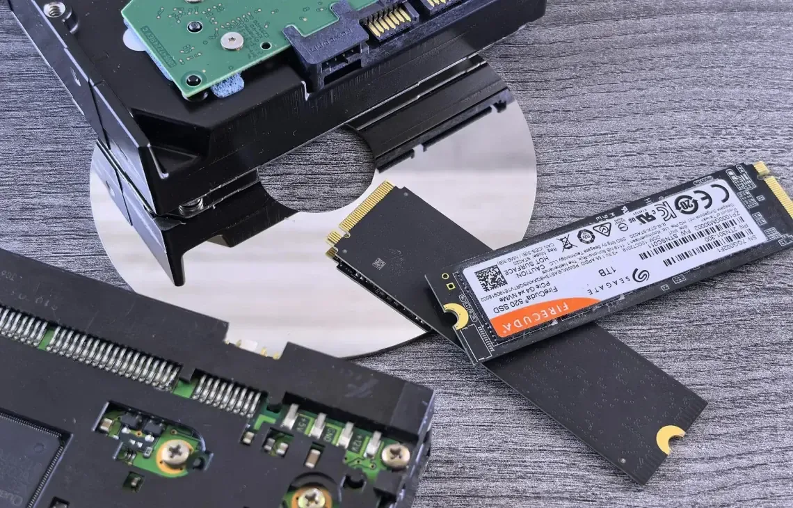 Dysk SSD M.2 NVMe obok rozłożonego dysku twardego na blacie — dobór dysku SSD do starszego laptopa Lenovo