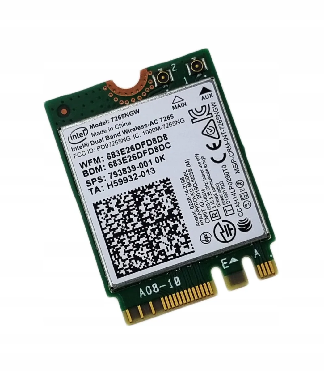 Karta sieciowa Intel Dual Band Wireless-AC 7265 M.2 do laptopa, ujęcie pod kątem — modernizacja anteny Wi-Fi dla lepszego zasięgu